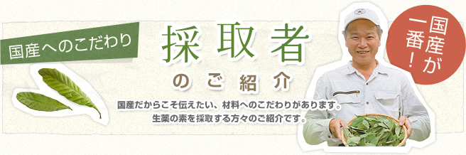 国産へのこだわり　生産者のご紹介　国産だからこそ伝えたい、材料へのこだわりがあります。生薬の素を生産する方々のご紹介です。
